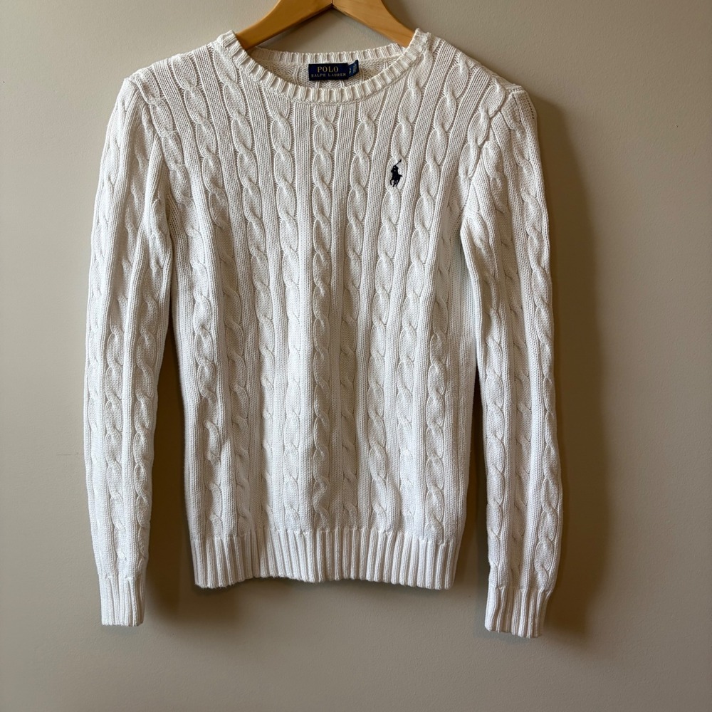 Polo Ralph Lauren White Cable Knit Cotton Crew Neck Sweater Navy Pony Small
